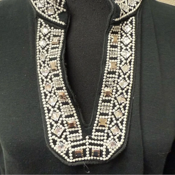 Rafaella Black Beaded Split Neck Tunic Top L Embellished 3/4 Sleeve Blouse - Picture 2 of 7